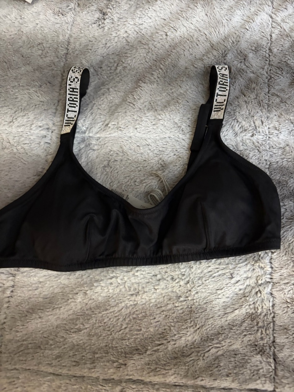 Victoria K Black Bralette with Rhinestone Logo Straps